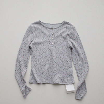 碎花圆领长袖棉T恤 巨舒适～复古少女感百搭亨利衫