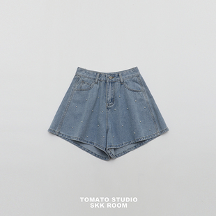 TOMATO SHOP 番茄自制~日系少女甜美珍珠阔腿花苞牛仔短裤