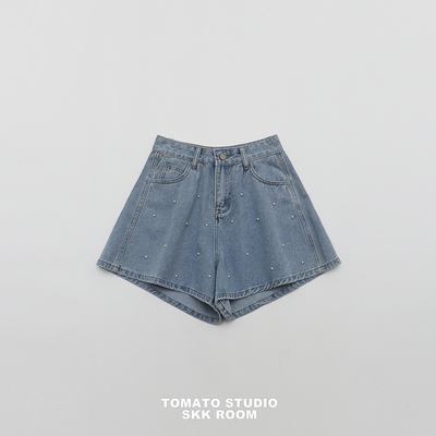 TOMATO SHOP 番茄自制~日系少女甜美珍珠阔腿花苞牛仔短裤