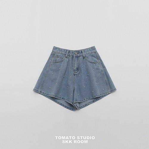 TOMATO SHOP 番茄自制~日系少女甜美珍珠阔腿花苞牛仔短裤