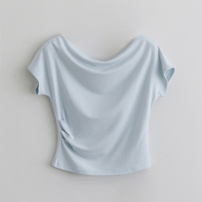 温柔秘籍 荡领短袖t恤女设计感收腰修身短款气质斜肩一字领上衣