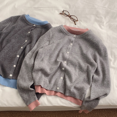 复古少女粉拼色假两件套针织开衫～软糯撞色百搭毛衣外套上衣