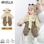 婴儿春秋连体衣男宝宝三防冲锋衣可爱超萌外出服百天连帽哈衣爬服