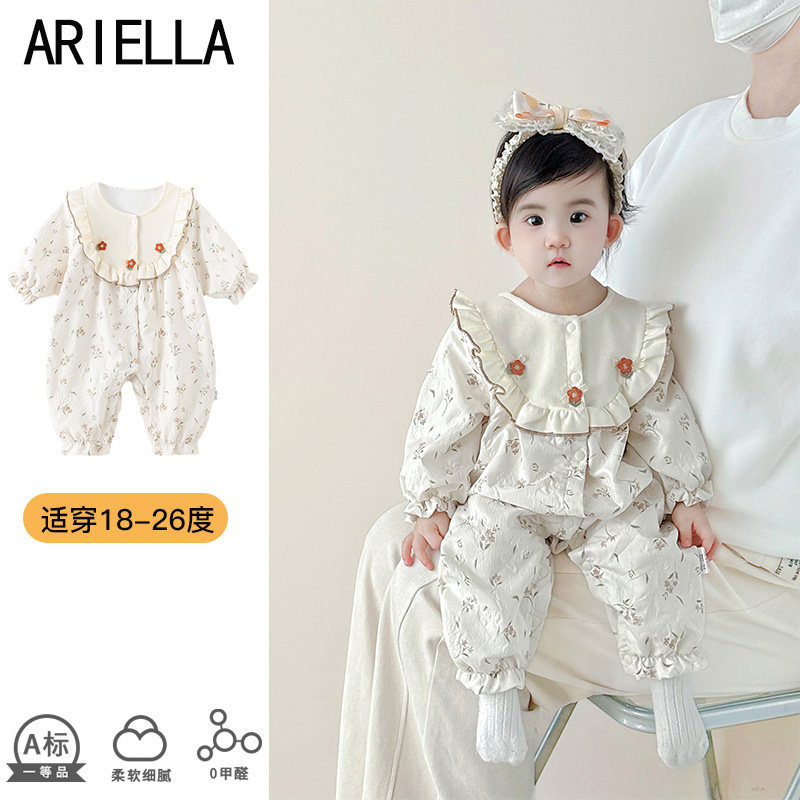 婴儿春款新品女宝连体衣可爱淑女外出服满月百天超萌爬服洋气哈衣
