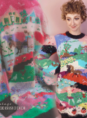 Julie狂想曲。英国购90s手工编织兔绒粉蓝彩虹女孩故事连衣裙毛衣