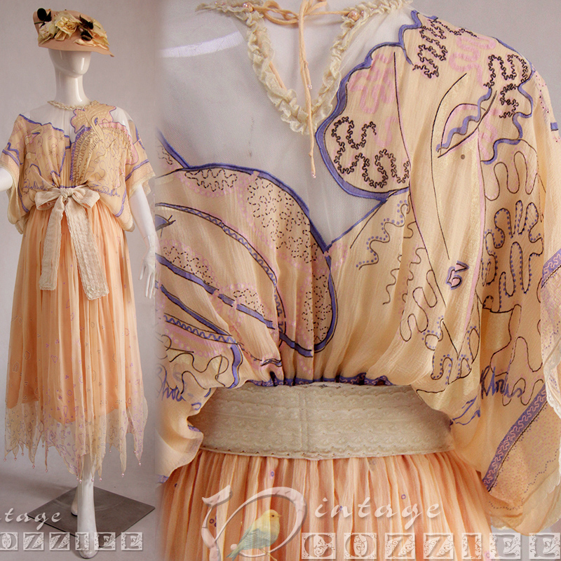 英国70s设计师精美手绘日式和服袖 真丝不规则蕾丝吊坠古董连衣裙