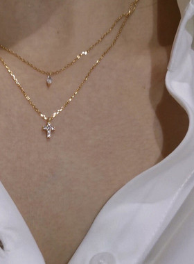 通体925纯银mini十字架双层项链女镶钻冷淡风ins锁骨链