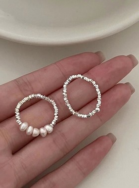 s925纯银碎银子珍珠戒指简约ins网红气质小众设计感闭口指环