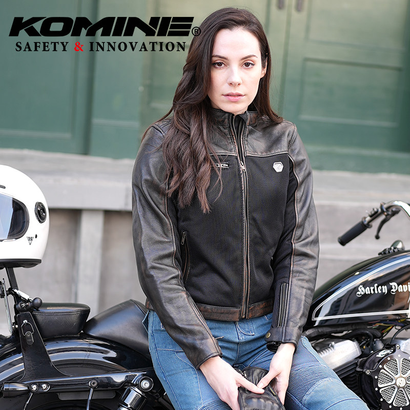 KOMINE 新款摩托皮革网眼拼接复古经典夹克3D剪裁CE2护甲JK-166