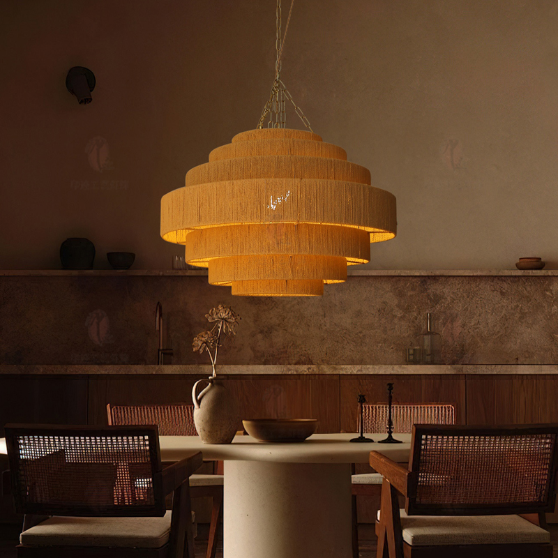 中古风餐厅吊灯店铺商用餐饮包厢别墅客厅楼梯侘寂风创意麻绳灯具