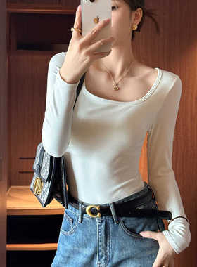 白色打底衫女内搭秋冬高级感带胸垫T恤时髦时尚洋气方领长袖上衣