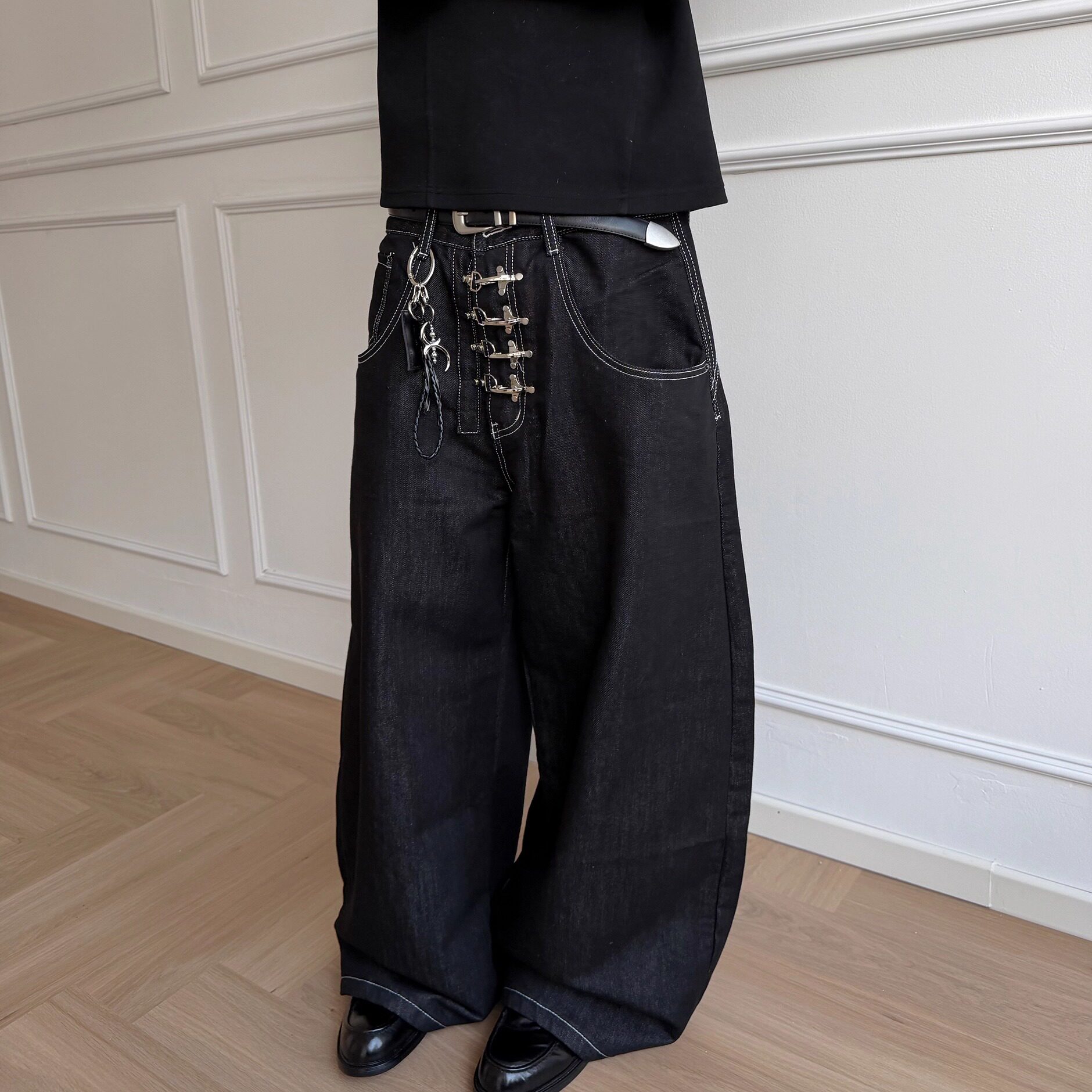 飞机扣原牛牛仔裤廓形boxy弯刀裤