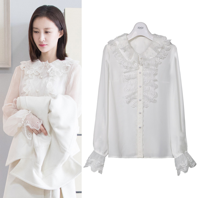 明星舒畅同款雪纺衬衫女2018春装新款长袖白衬衣荷叶边娃娃领上衣在类目 女装/女士精品, 衬衫中 - 来自Buy2taobao.com提供专业的淘宝代购服务