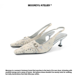 女外穿白色高跟單鞋 Atelier原創設計真皮馬毛尖頭半拖鞋 Mooreyu