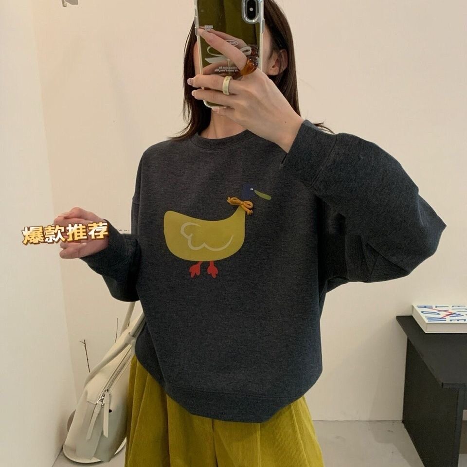 韩版秋冬季新款加奥利绒卡通印花圆领长袖卫衣宽松显瘦百搭上衣