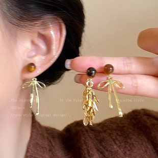 金色羽翼美拉德风虎眼石流苏耳环女秋冬气质耳钉轻奢高级感耳饰