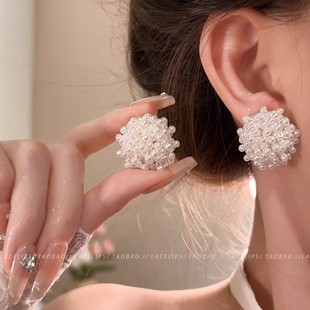法式高级感珍珠花朵耳环女轻奢小众百搭气质烟花珍珠耳钉网红耳饰