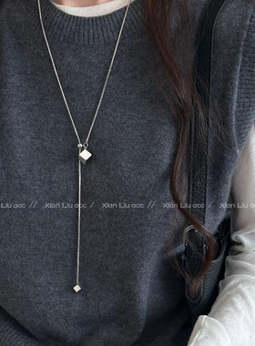 秋冬银色方糖吊坠可抽拉毛衣链