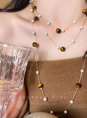 美拉德虎眼石珍珠多层毛衣链女