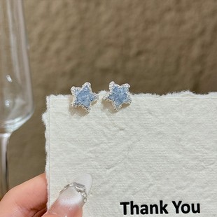 冰晶甜美海洋蓝耳饰设计师款 蓝色星星耳钉水晶银色高级感气质耳环