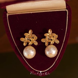 金属花复古法式 高级感耳钉耳饰 优雅小众气质棉花珍珠耳环2025新款