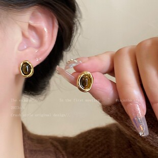 S925银针秋冬爆款 圆形虎眼石耳钉女轻奢小众高级设计感几何形耳环