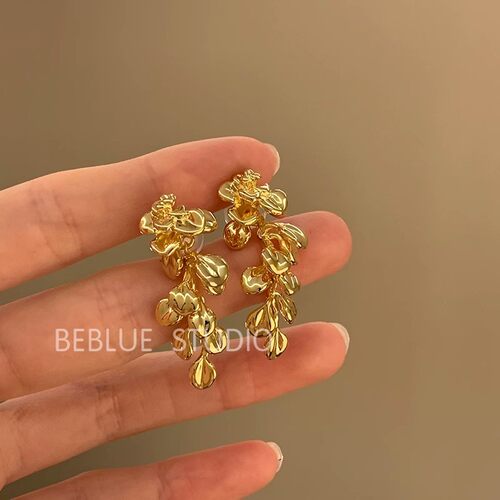 金色叶子方圆脸流苏潮耳环女秋冬