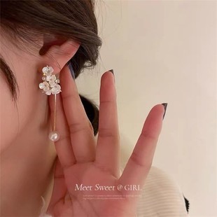 森系珍珠花朵耳环女气质高级感长款 流苏耳坠气质精致耳钉网红耳饰