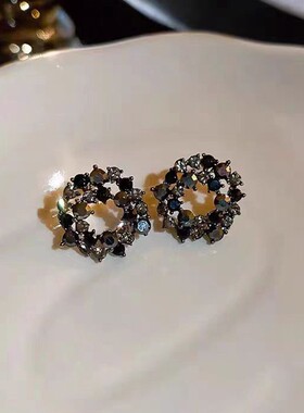 925银针气质轻奢黑色镶钻花朵耳环复古小众设计时尚百搭耳钉耳饰