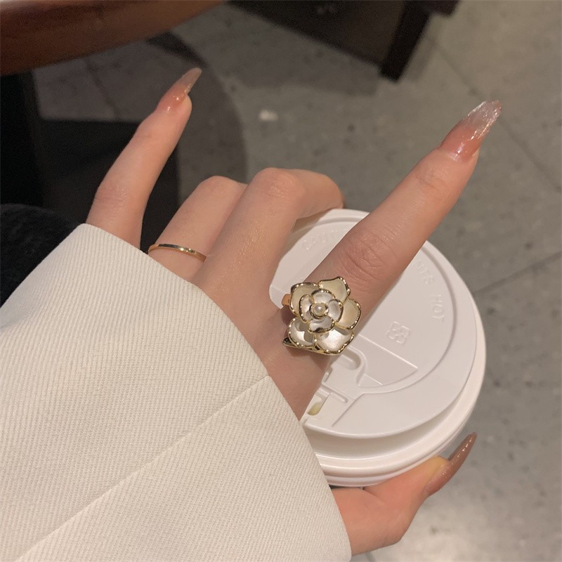 法式复古温柔山茶花戒指女ins高级感小众设计轻奢小香风指环开口