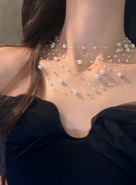 白月光多层珍珠缠绕锁骨链轻奢