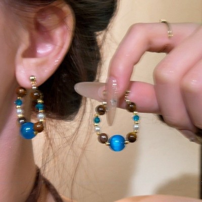 红楼银针耳钉女虎眼石串珠水滴