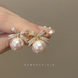 复古满钻蝴蝶结珍珠耳环小众设计感轻奢耳钉2026新款 气质百搭耳饰