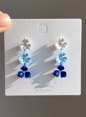 银针渐变蓝色花朵高级感耳环复古港风超仙气质耳坠新款潮