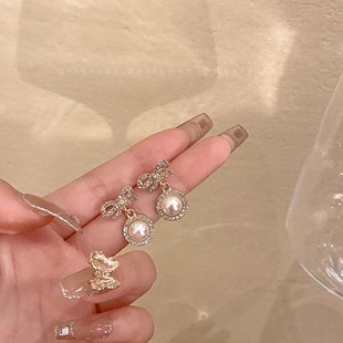 高级感珍珠小香风蝴蝶结耳环女气质小众个性 闪钻耳针甜美水钻耳饰
