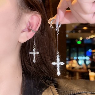 轻奢小众十字架无耳洞耳夹满钻高级感精致时尚百搭气质流苏耳挂