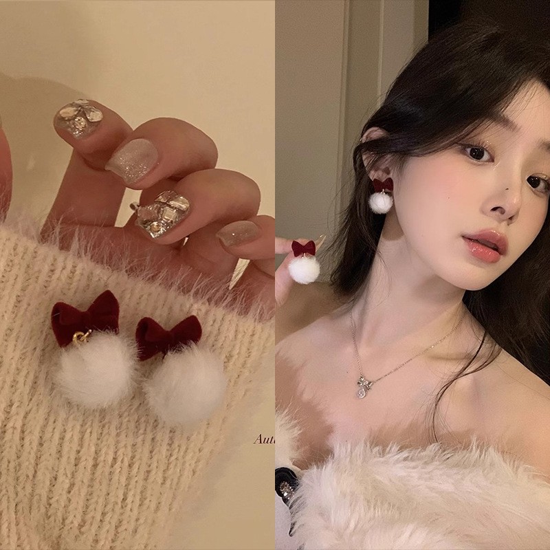 秋冬款红色蝴蝶结耳环女小众高级感毛绒绒毛球吊坠耳环女网红耳饰
