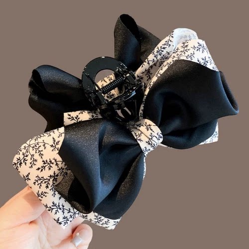 韩国碎花抓夹缎面拼接蝴蝶结