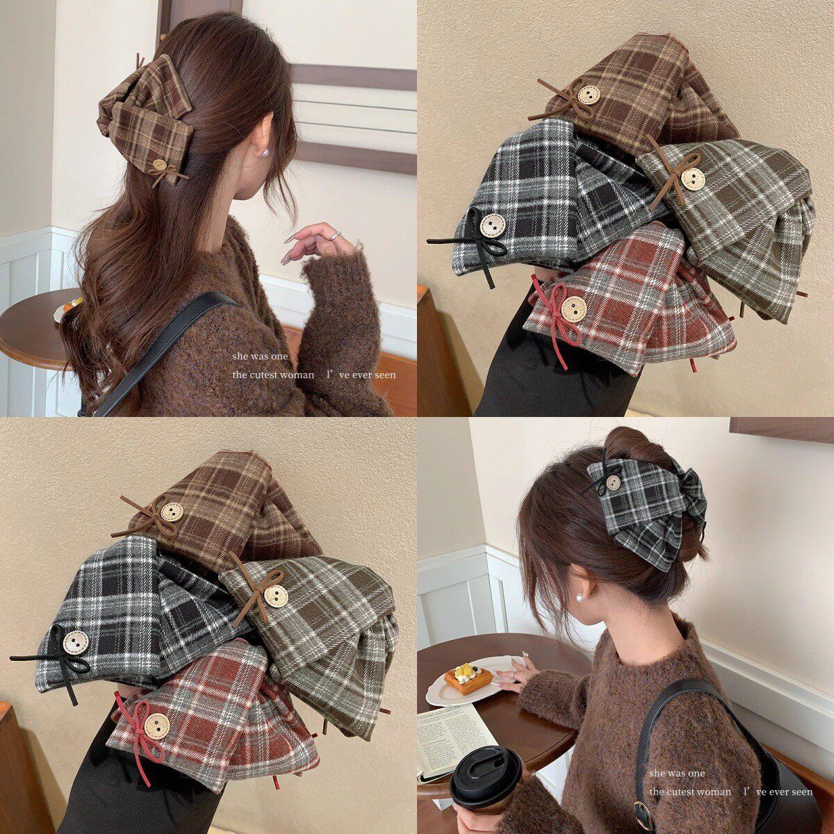 格纹纽扣蝴蝶结鲨鱼夹百搭盘发