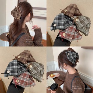 格纹纽扣布艺三角抓夹高级感百搭蝴蝶结发夹韩版后脑勺盘发鲨鱼夹