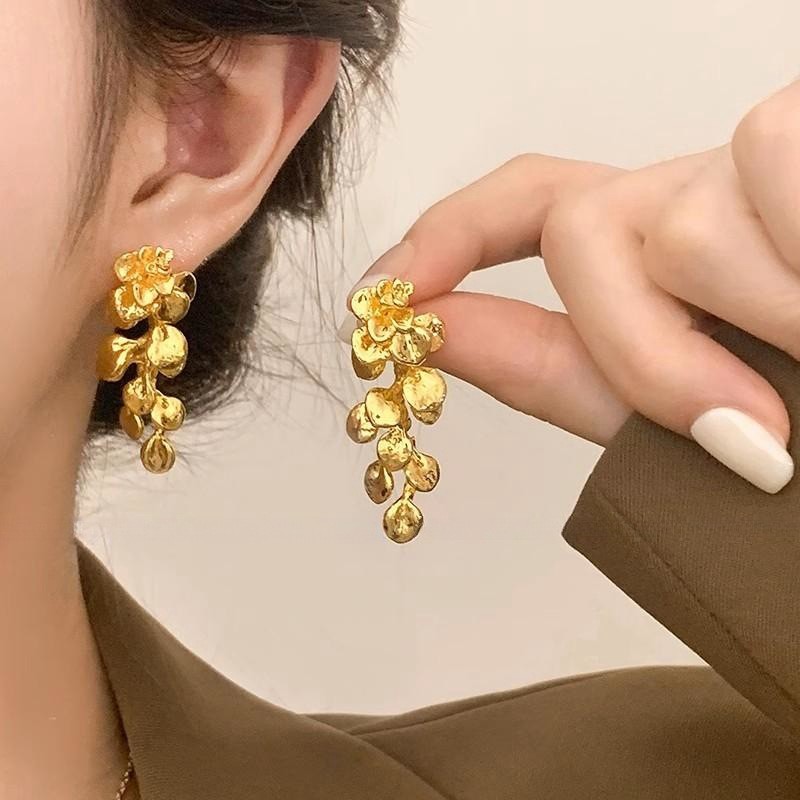 金色叶子方圆脸流苏潮耳环女秋冬复古轻奢高级感小众金色耳饰耳钉