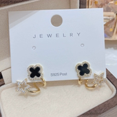 新款 小众设计感黑色四叶花耳钉时尚 轻奢耳环气质百搭高级感耳饰