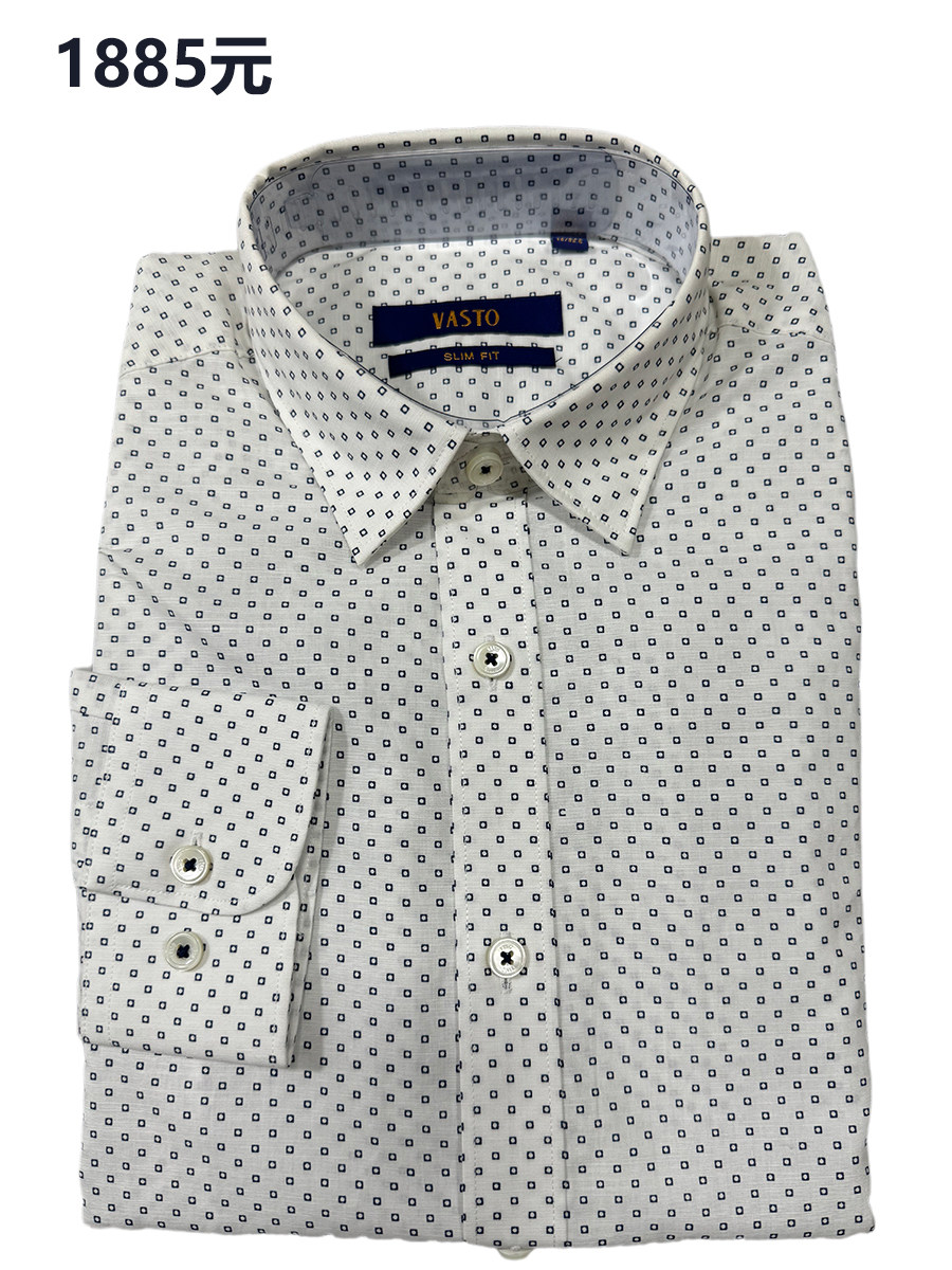 一线品牌原1885元高端纯棉男士时尚休闲长袖衬衫白色波点修身青年