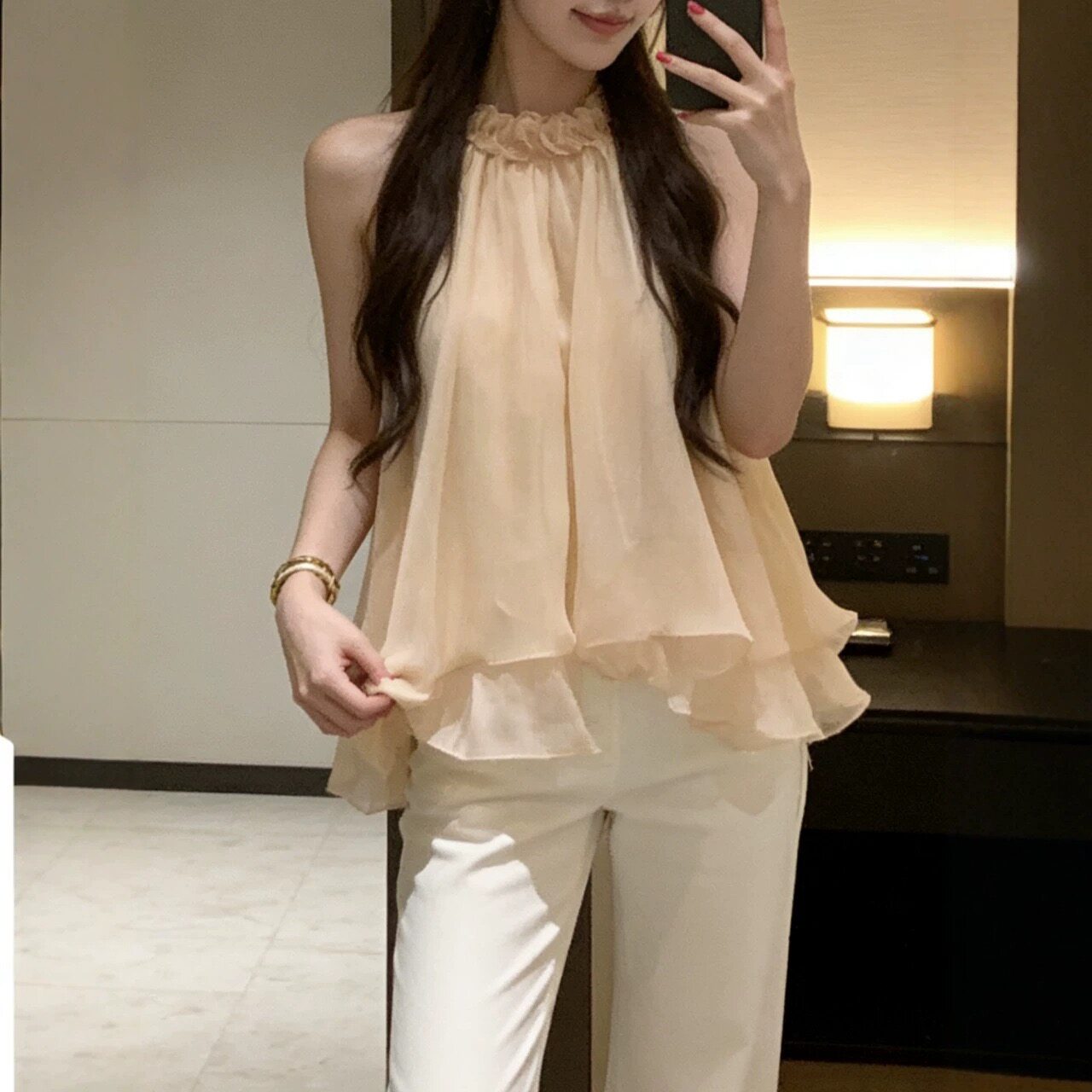 AS OFFICIAL小个子温柔甜美古早甜妹挂脖荷叶边蓬蓬背心小衫上衣