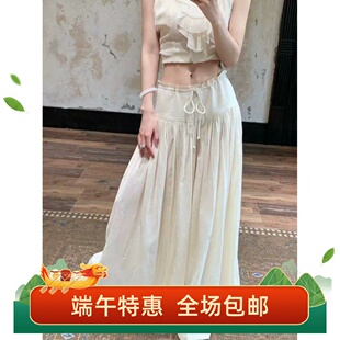 白色裤子慵懒气质抽绳垂感休闲裤女夏季小众裤裙褶皱阔腿裤拖地裤
