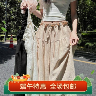 现货荷叶边抽绳腰头阔腿裤女2026夏季新款慵懒松弛感休闲百搭裤裙