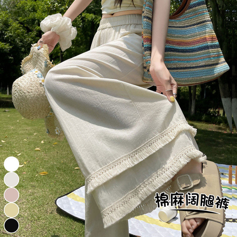 现货棉麻双层流苏阔腿裤女2026夏季新款冰丝皱感高腰显瘦百搭裙裤