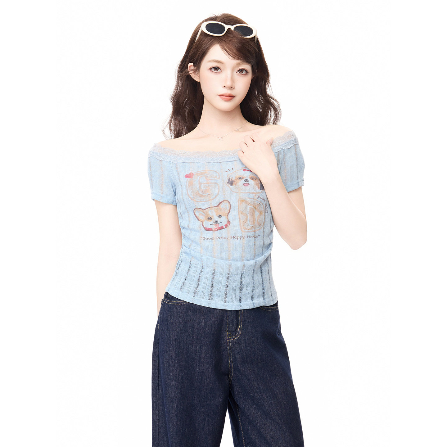 蓝色蕾丝边一字肩短袖T恤女2026夏季新款修身纯欲风辣妹露肩上衣