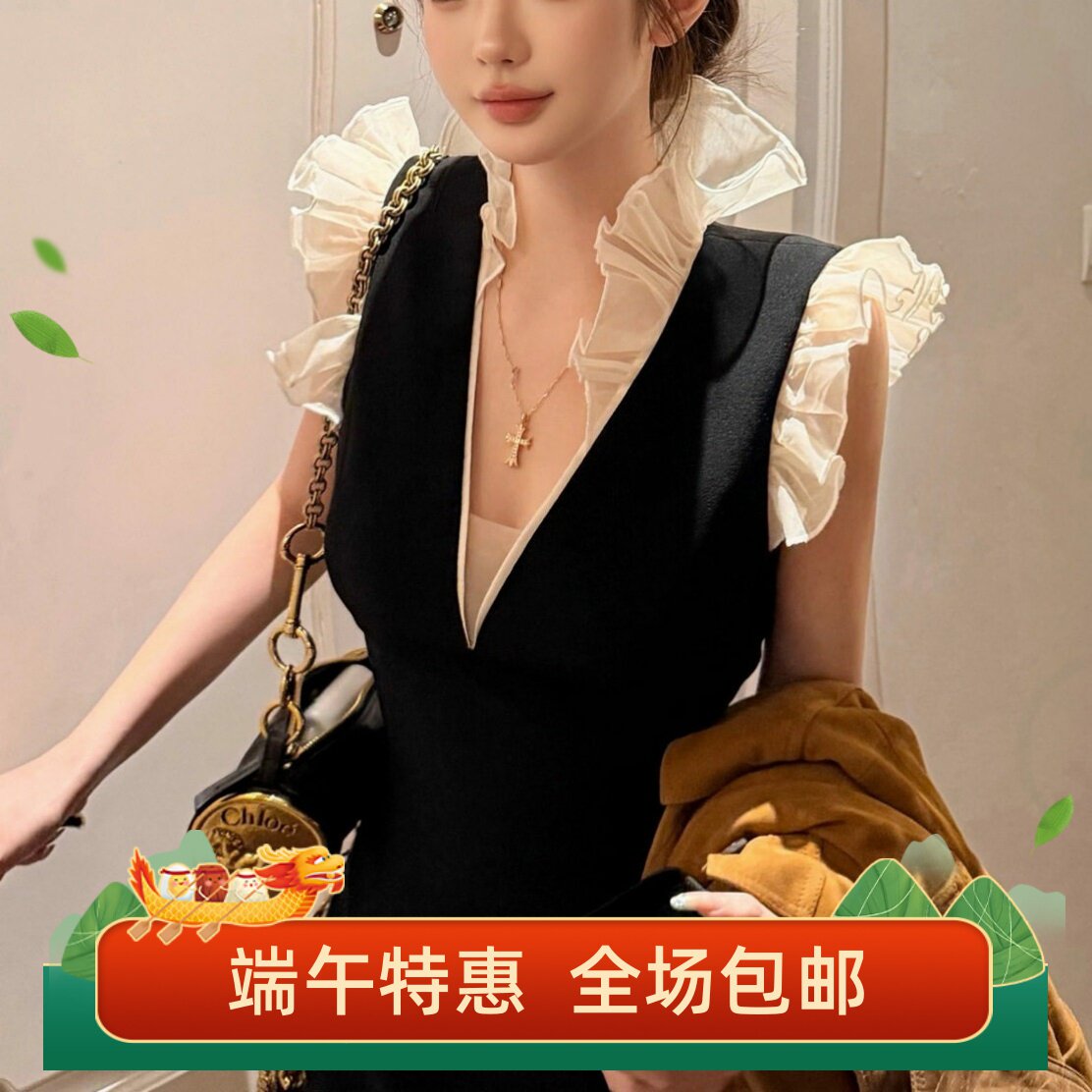 罗马假日" 黑色白立体v领收腰显瘦小礼服连衣裙女