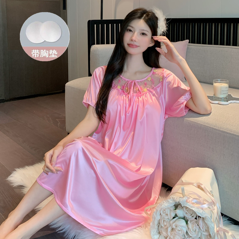 2025超火带胸垫睡衣女士超柔软冰丝短袖大码夏天蕾丝精致绝美睡裙